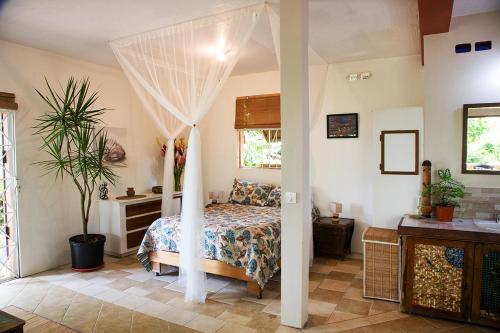 a bedroom with a bed with a canopy at Emmanuels View in Nature in Calibishie