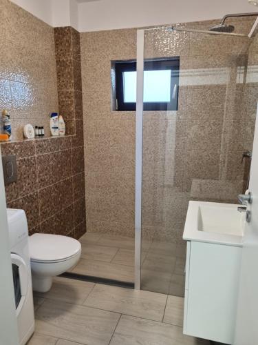 a bathroom with a toilet and a glass shower door at Sweet Home in Iaşi