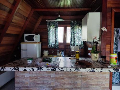 cocina con encimera en una habitación en Cantinho da Vandisa, en Ilhabela