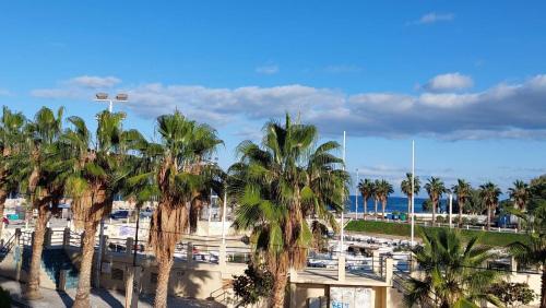a view of a beach with palm trees and the ocean at Mare Marina View 1 in Xylokastron