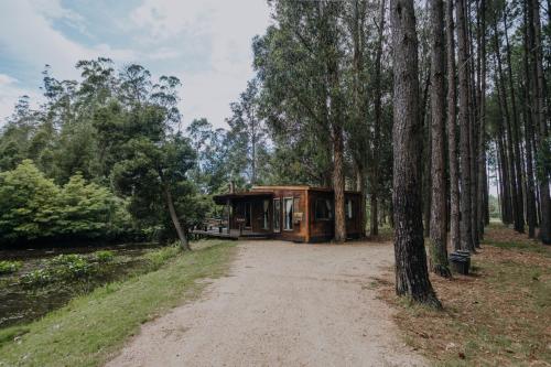 a house in the middle of a dirt road in a forest at Cabañas en el Bosque a 5 minutos del mar - Estancia CH in Punta del Este