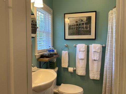 Łazienka z białą toaletą i umywalką w obiekcie The Birdnest Inn w mieście Aiken