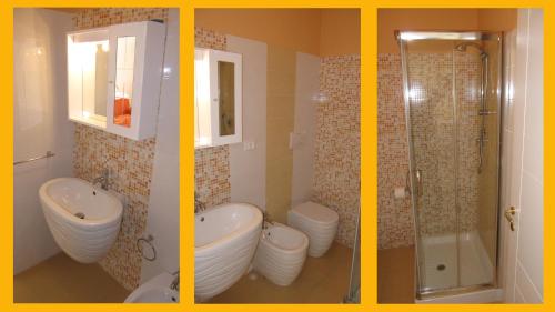 two pictures of a bathroom with a sink and a shower at Casa Margherita in Lerici