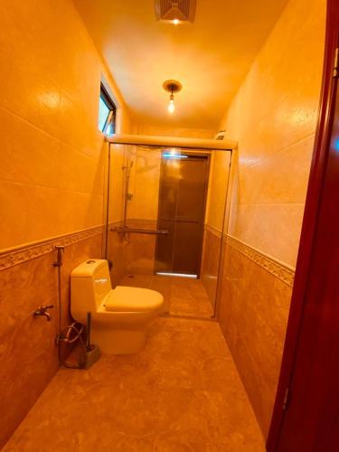 a small bathroom with a toilet and a shower at Rindali - The speedboat from Malé to the hotel departs at 1130 every Monday Thursday and Saturday and from the hotel to Malé at 0630 and five domestic flights are available every day in Dhaalu Atoll