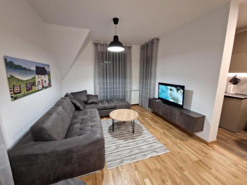 a living room with a couch and a table at Apartman u centru Kolasina sa garazom in Kolašin