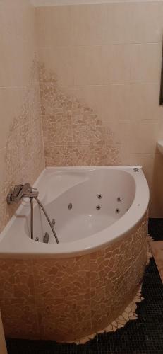 een badkamer met een bad en een tegelwand bij Apartman Josef in Praag