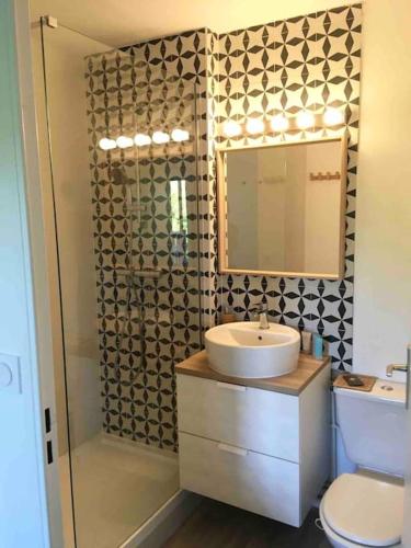 une salle de bain avec un lavabo, des toilettes et une douche dans l'établissement Cabourg T2 tout neuf Accès direct mer Grand balcon, à Cabourg
