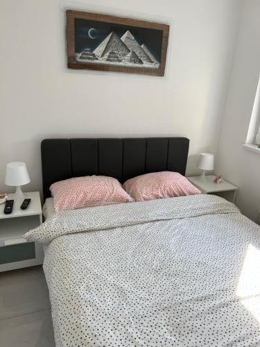 a bedroom with a bed with two pink pillows at Apartmani K&V in Veliko Gradište