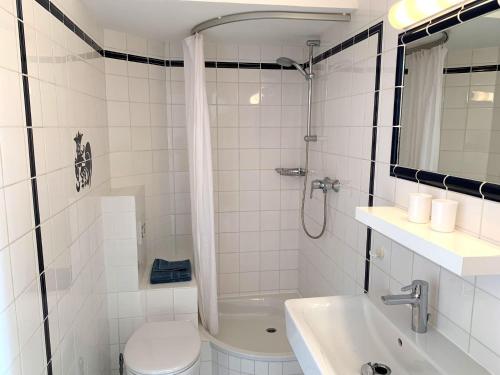 La salle de bains est pourvue d'une douche, de toilettes et d'un lavabo. dans l'établissement Luna-Wohnung-12, à Sankt Peter-Ording