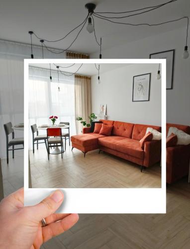 ręką trzymającą zdjęcie salonu z czerwoną kanapą w obiekcie Apartament Kilińskiego w Siedlcach