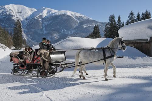 a group of people riding in a horse drawn sleigh at Posthotel Achenkirch Resort and Spa - Adults Only in Achenkirch