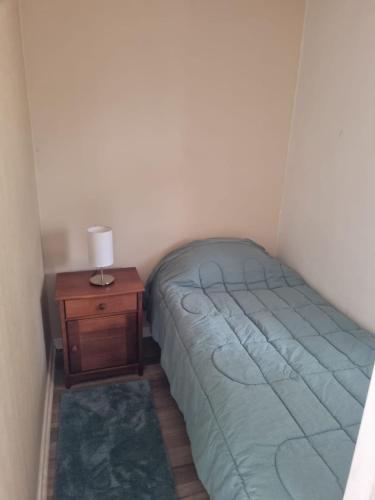a small bedroom with a bed and a night stand at Departamento en Concepcion en Playa Bellavista Tome in Tomé
