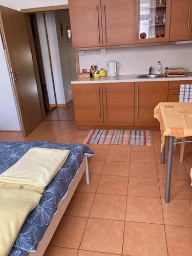 a kitchen with a bed and a table in it at Aparthotel City 5 in Prague