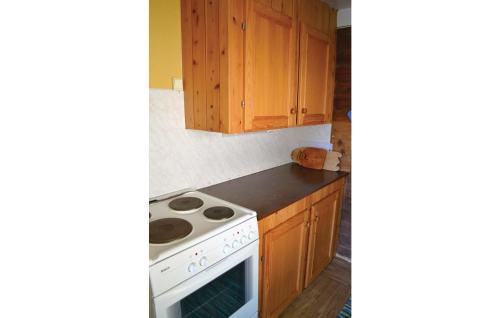 Il comprend une cuisine équipée d'une cuisinière et de placards en bois. dans l'établissement Sjhytta, à Vanvik