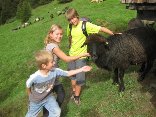 two children and a woman petting a black sheep at Jörgleggerhof in Nikolsdorf