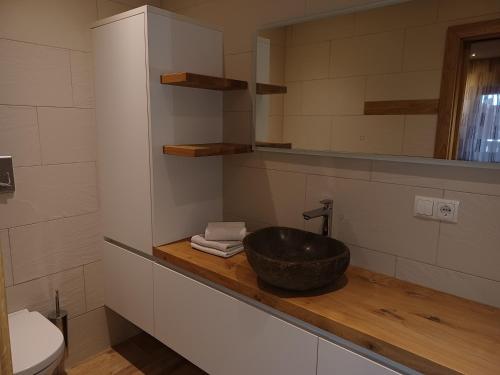 uma casa de banho com um lavatório e um WC em kuglerhof em Dobbiaco