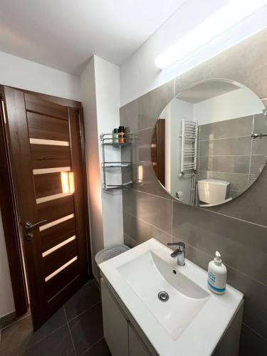 een badkamer met een wastafel en een spiegel bij Nicola Flat Mall in Arad