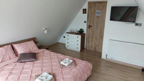 a bedroom with a pink bed and a television at Cabana A-frame Nis in Coţofăneşti