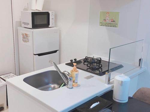 uma cozinha com um lavatório e um micro-ondas no frigorífico em ＥＵＲＯＰＥＡＮ ＨＯＵＳＥ ＲＥＩＳＥＮ - Vacation STAY 10490v em Fukuoka