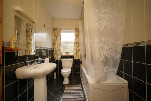 a bathroom with a sink and a toilet and a shower at Rockgardencottage in Lettermacaward