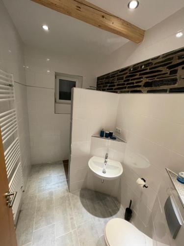 een badkamer met een toilet en een wastafel bij Fewo Zur Wache in Nohra