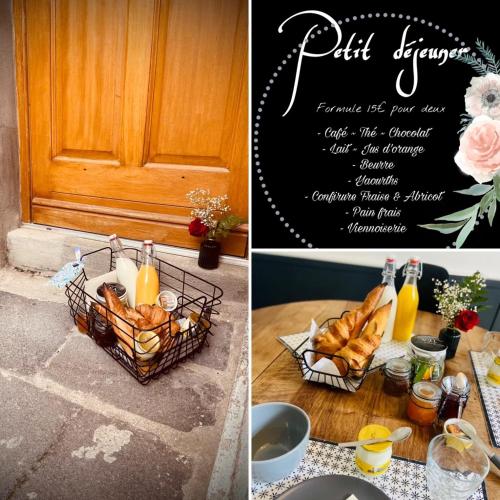 a collage of two pictures with a basket of bread at Maison Hyper centre-Hôpital et parking in Moulins