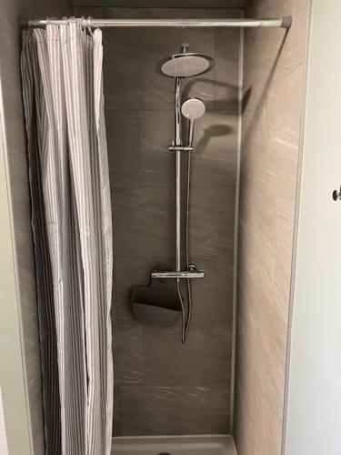 a shower in a bathroom with a shower curtain at Cambrai:studio style loft in Cambrai