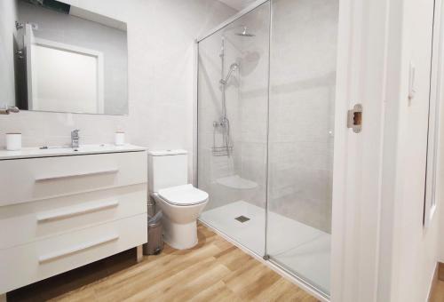 a bathroom with a toilet and a glass shower at APARTAMENTOS SANLUCAR CASA B in Sanlúcar de Barrameda
