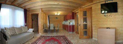 a living room with a couch and a kitchen at Schale Centoriya in Mykulychyn