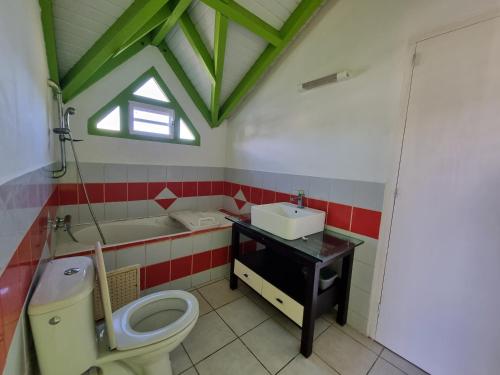 uma casa de banho com um WC, um lavatório e uma janela em Villa Caraïbes em Sainte-Rose