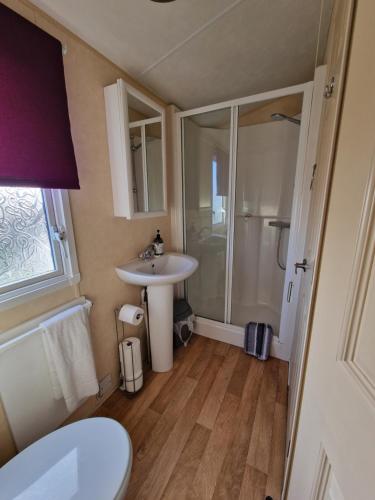 y baño pequeño con lavabo y ducha. en Caravan in the Cotswolds, en Cirencester