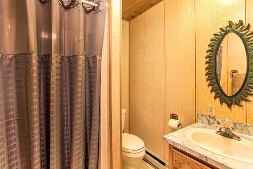 a bathroom with a shower curtain and a sink at Riverside Winthrop Chalet with Hot Tub and 2 Decks! in Winthrop