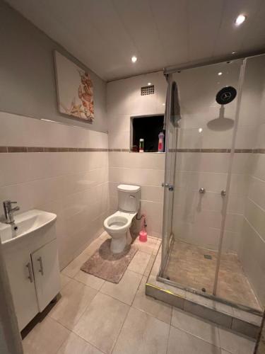 a bathroom with a shower and a toilet and a sink at Bantuz in Livingstone
