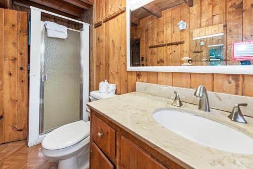 uma casa de banho com um lavatório, um WC e um espelho. em LAKEFRONT HIDEAWAY - On the Lake em Big Bear Lake