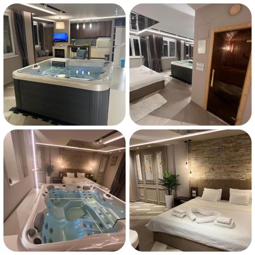 a collage of four pictures of a hotel room with a hot tub at Spa Pleasure Apartman in Novi Sad