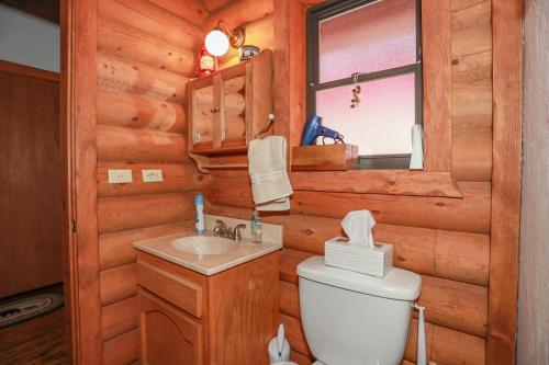 uma casa de banho com um WC, um lavatório e um espelho. em EDGE of HEAVEN - Close to Lake and Slopes em Big Bear Lake