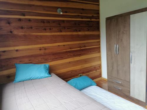 1 cama con 2 almohadas azules en una habitación en Casa en Villarrica con vista al Volcán, en Molco