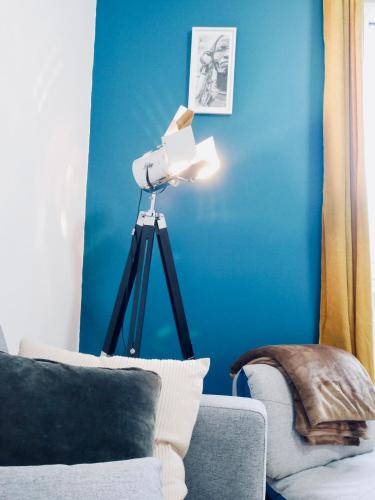 a camera on a tripod in a living room with a blue wall at Le nid douillet de Sarreguemines in Sarreguemines
