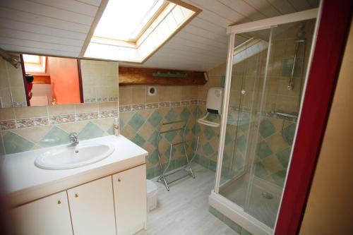 een badkamer met een wastafel en een douche bij soir de lune in Lorp Sentaraille