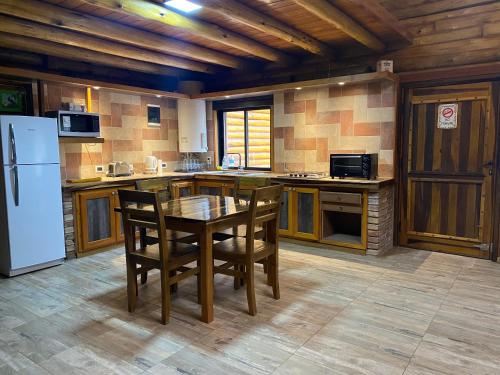 a kitchen with a table and chairs and a refrigerator at Cabaña LA EMILIA Private house in Uspallata