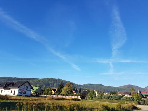 a house in a small village with mountains in the background at Moja Miłość. in Podgórzyn