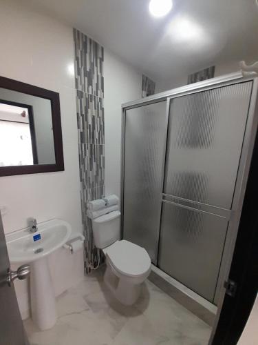 La salle de bains est pourvue de toilettes, d'une douche et d'un lavabo. dans l'établissement HOTEL LA RUEDA SR, à Barbosa