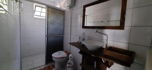 a bathroom with a sink and a toilet and a mirror at Casa Nona Pierina - Bento Gonçalves -RS in Bento Gonçalves