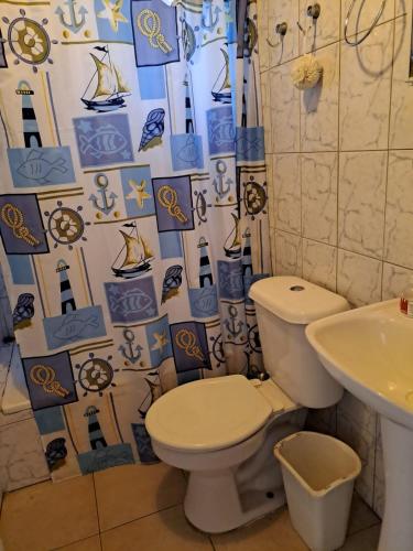 a bathroom with a toilet and a sink and a shower curtain at Cabaña Familiar en Caldera a pasos del terminal de buses in Caldera