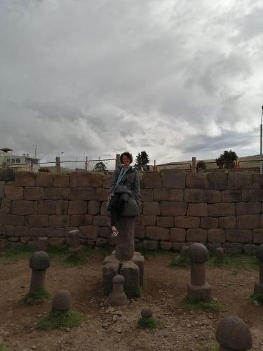 una mujer sentada en una estatua delante de una pared de ladrillo en Chepita´s House, en Puno