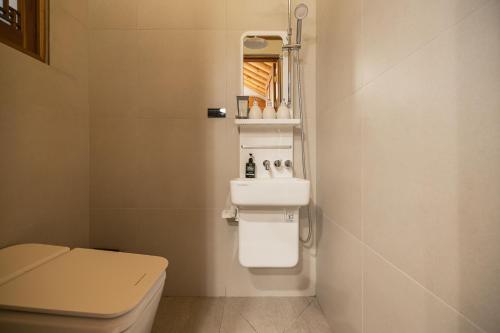 a bathroom with a toilet and a sink at Luxury hanok with private bathtub - SN11 in Seoul