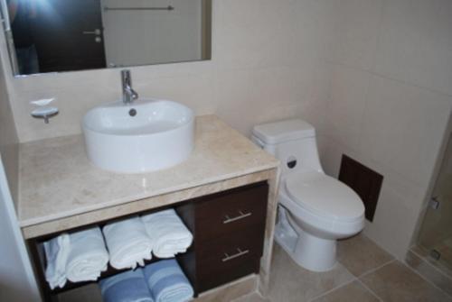 un baño con lavabo e inodoro en Charming Apartment within Bahia Principe 5*, en Akumal