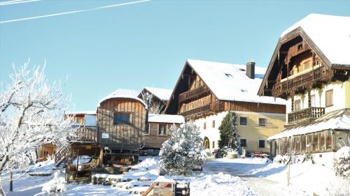 a group of buildings in the snow at Bio Archehof Zachhiesen - stay & relax in Seekirchen am Wallersee