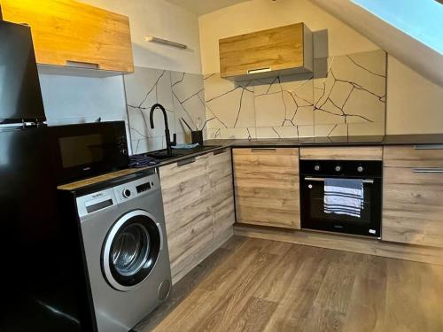 een keuken met een wasmachine en een fornuis bij Logement entier au coeur de Strasbourg in Straatsburg