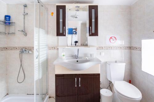 a bathroom with a sink and a toilet and a shower at 18th Century Renovated Central Stone House, Terrace, Free Fast Wi-Fi in Bodrum City